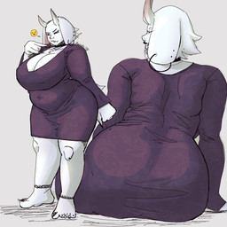 age_difference ankle_band anthro barefoot belly big_butt breasts butt cleavage clothed clothing curvy_figure dress ear_piercing feet female floppy_ears fur horn jewelry necklace older_female overweight overweight_anthro overweight_female piercing standing tight_clothing white_body white_fur wide_hips bosozokucat undertale_(series) toriel toriel_(undertale) bovid caprine goat mammal absurd_res hi_res