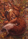 anthro autumn biped canid canine detailed_background female forest fox leaf low_res lying mammal monika_livingstone nature outside plant solo tail tree wood