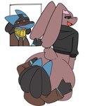 anthro blush bottomless butt butt_grab butt_smother canid canine clothed clothing digital_media_(artwork) dogfluid duo female generation_4_pokemon grabbing_partner hand_on_butt hi_res lagomorph leporid looking_back lopunny lucario male male/female mammal nintendo no_shading partially_clothed pokemon pokemon_(species) shirt shirt_only simple_background smothering sylvia_(bluefightdog) topwear topwear_only white_background