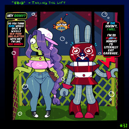 anthro big_butt bottomwear breasts buckteeth butt clothing collar dialogue duo elevator eyelashes female footwear hair hair_over_eye hat headgear headwear high_heels long_hair machine pants ponytail robot_suit shirt shoes small_breasts teeth text topwear somescrub nickelodeon spongebob_squarepants briny_waters eelie_applebottom fan_character aquatic cyclops eel fish lagomorph leporid mammal plankton_(species) rabbit robot absurd_res english_text hi_res