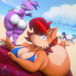 anthro beach big_breasts big_butt bikini bikini_thong biped blue_body blue_eyes breasts butt cleavage clothed clothing countershade_feet countershading detailed_background eyelashes feet female hair huge_butt lying male multicolored_body on_front one_eye_closed outside pupils purple_body red_clothing red_hair smile soles swimwear tail thick_thighs two-piece_swimsuit white_body wink plumenjoyer snowyblue1 sega sonic_the_hedgehog_(series) blaze_the_cat sally_acorn sonic_the_hedgehog chipmunk domestic_cat eulipotyphlan felid feline felis ground_squirrel hedgehog mammal rodent sciurid 1:1 artist_collaboration hi_res mixed_media