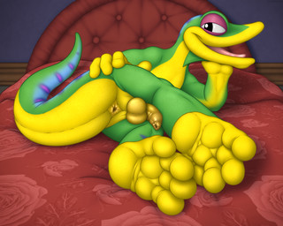 anthro anus balls bed bedroom_eyes butt feet flaccid foot_focus foreskin furniture genitals green_body green_scales half-closed_eyes humanoid_genitalia humanoid_penis looking_at_viewer lying male narrowed_eyes nude on_bed on_side open_mouth penis presenting presenting_hindquarters scales seductive smile solo tail tail_anus thick_tail toes tongue tongue_out unretracted_foreskin dracovar_valeford gex_(series) gex_the_gecko gecko lizard reptile scalie absurd_res digital_media_(artwork) hi_res