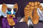 anthro bat_wings blue_eyeshadow breasts car car_seat cleavage clothed clothing digit_ring eyeshadow eyewear eyewear_on_head feathers feet female foot_fetish foot_focus inside_car inside_vehicle jewelry laugh makeup membrane_(anatomy) membranous_wings open_mouth ring sunglasses sunglasses_on_head tickling tickling_feet toe_ring toes vehicle wings cyborg-steve sega sonic_the_hedgehog_(series) the_murder_of_sonic_the_hedgehog rouge_the_bat bat mammal hi_res