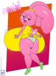 absurd_res anthro bedroom_eyes big_breasts big_butt bottomwear breast_jiggle breasts butt cartoon_network chowder_(series) clothed clothing dress ears_back female flat_colors hi_res huge_breasts hyper hyper_breasts jiggling lagomorph leporid looking_at_viewer looking_back mammal motion_lines narrowed_eyes panini_(chowder) panties pattern_bottomwear pattern_clothing pattern_panties pattern_underwear pivoted_ears ponytail_ears rabbit rear_view seductive solo striped_bottomwear striped_clothing striped_panties striped_underwear stripes thick_thighs toony underwear walter_sache