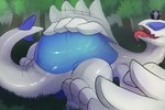 belly big_belly blue_belly bodily_fluids crown feral grass headgear lying male on_back open_mouth patting_belly plant saliva solo tail vore sprout nintendo pokemon generation_2_pokemon legendary_pokemon lugia pokemon_(species) 3:2