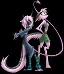 anthro clothed clothing digitigrade duo female fur green_eyes hair horn legwear long_coat long_tail markings pink_body pink_fur pink_hair pupils shirt simple_background slit_pupils spade_tail stockings striped_markings striped_tail stripes tail tail_markings tank_top topwear transparent_background david_lillie skorpionletun dreamkeepers namah_calah viriathus_vayu mammal 2013 alpha_channel digital_media_(artwork) hi_res