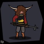 anthro armor black_clothing bottomwear brown_body brown_ears brown_fur brown_hair brown_hooves chainmail clothing cuirass female fur grey_clothing hair holding_object holding_weapon hooves horn huge_hair legwear long_horn polehammer red_clothing solo tan_horn topwear weapon yellow_clothing milchritter monika_milchritter_(milchritter) bovid bovine cattle highland_cattle mammal 1:1 absurd_res digital_drawing_(artwork) digital_media_(artwork) hi_res signature