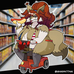 aisle american_flag american_flag_clothing angry annoyed anthro big_breasts big_butt bracelet breasts burger butt clothing curvy_figure detailed_background female fluffy fluffy_tail food frown gold_(metal) gold_bracelet gold_jewelry gold_necklace grocery_store hair holding_food holding_object hot_dog inside jewelry long_hair meat messy_hair mobility_scooter necklace obese overweight red_hair sausage shirt solo star stripes supermarket tail thick_thighs topwear united_states_of_america wide_hips m4nh4774n nintendo pokemon catherine_dousewood_(ms) canid canine delphox fox generation_6_pokemon mammal paradox_delphox paradox_pokemon pokemon_(species) 1:1 hi_res