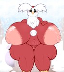 anthro big_breasts blush breasts female genitals hand_on_breast huge_breasts looking_at_viewer multicolored_body neck_tuft nipples nude pussy smile snow solo thick_calves thick_thighs tuft wide_hips iliekbuttz nintendo pokemon delibird generation_2_pokemon pokemon_(species) hi_res