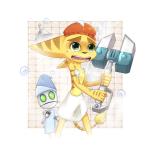 fur green_eyes machine male omniwrench shower_cap soap towel yellow_body yellow_fur abemaru ratchet_and_clank sony_corporation sony_interactive_entertainment clank_(ratchet_and_clank) ratchet_(ratchet_and_clank) lombax mammal robot 1:1