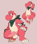 anthro balls bracelet claws crouching erection fangs genitals hands_behind_head jewelry kerchief male neckerchief neckwear penis red_body red_scales scales simple_background smile solo spiked_bracelet spikes teeth gazpacho mario_bros nintendo red_yoshi scalie yoshi hi_res