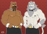 abs anthro arm_hair barazoku beard belly belt biceps big_arms big_belly big_muscles black_bottomwear black_clothing black_nipples black_nose black_pants blue_nose body_hair bottomwear bow_tie brick_wall brown_body brown_fur chest_hair chest_tuft claws clothing collar duo facial_hair fur grey_body grey_fur hand_on_belt hands_on_hips looking_at_viewer male male/male mane musclegut muscular muscular_male mustache nipples obliques pants pecs pink_nipples pubes pubes_exposed serratus shirt_cuffs simple_background standing stripper_clothes striptease tail triceps tuft wall_(structure) white_body white_fur neruk chippendales bear felid feline lion mammal pantherine chest_(disambiguation) absurd_res flat_colors half-length_portrait hi_res portrait