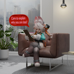 accessory angry annoyed anthro book chair city city_background cityscape clipboard clothed clothing dialogue female fur furniture hair hair_accessory leg_cross legwear long_hair looking_at_viewer pink_body pink_fur pink_hair plant sitting solo talking_to_viewer thigh_highs writing_utensil burtrevolution mihoyo zenless_zone_zero zhao_(zenless_zone_zero) lagomorph leporid mammal rabbit 3d_(artwork) absurd_res blender_(artwork) digital_media_(artwork) hi_res