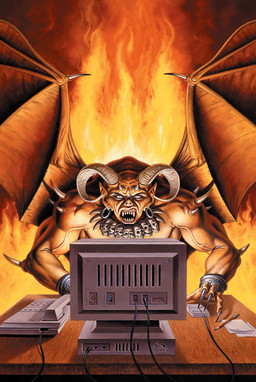 bone cable claws computer_monitor crt_monitor electronics fire furniture horn jewelry male membrane_(anatomy) membranous_wings muscular muscular_male not_furry open_mouth phone sharp_teeth silver_(metal) silver_jewelry skull skull_accessory solo table teeth wings clyde_caldwell demon demon_humanoid humanoid 1995 hi_res official_art traditional_media_(artwork)