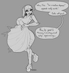 accessory ambiguous_gender ambiguous_prey big_breasts bloated breasts clothing dialogue female female_pred footwear hair headband high_heels machine shoes short_hair simple_background struggling struggling_prey text vore flophelia ratchet_and_clank sony_corporation sony_interactive_entertainment courtney_gears android robot absurd_res english_text hi_res monochrome sketch