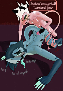 anal anal_penetration anthro blush duo feet genitals glowing glowing_eyes humanoid_feet larger_penetrated larger_sub male male/male male_penetrated male_penetrating male_penetrating_male nude on_bottom on_top open_mouth penetration penis plantigrade profanity sex sharp_teeth simple_background size_difference small_top_big_bottom smaller_on_top speech_bubble submissive tail teeth text tongue suicidedragon hellaverse helluva_boss chazwick_thurman striker_(helluva_boss) animal_humanoid aquatic aquatic_humanoid demon fish fish_humanoid humanoid imp reptile scalie shark shark_demon snake snake_demon absurd_res digital_media_(artwork) english_text hi_res