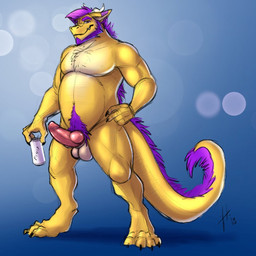 anthro balls beard can closed_smile container facial_hair front_view genitals hair hand_on_hip holding_can holding_container holding_object horn looking_at_viewer male male_anthro mouth_closed narrowed_eyes nude overweight overweight_anthro overweight_male pipe pubes purple_beard purple_eyes purple_facial_hair purple_hair purple_pubes simple_background smile solo standing white_balls white_horn yellow_body hufnaar mythology dragon mythological_creature mythological_scalie scalie 1:1 2020 colored_sketch dated full-length_portrait hi_res portrait sketch