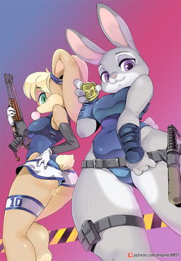 4_fingers anthro armor bare_shoulders baton belt biped blonde_hair blowing_bubble_gum blue_eyes body_armor bottomwear breast_squish breasts bubble bubble_gum candy clothing dessert duo eyebrow_through_hair eyebrows eyelashes female fingers food gradient_background gum gun hair holding_gun holding_object holding_ranged_weapon holding_weapon hotpants inflating leg_pouch leotard leotard_under_clothing leotard_under_shorts looking_at_viewer low-angle_view pink_nose police police_badge police_officer police_uniform purple_eyes ranged_weapon scut_tail short_tail shorts shotgun simple_background squish tail text translucent translucent_hair uniform weapon shepherd0821 disney looney_tunes patreon warner_brothers zootopia judy_hopps lola_bunny lagomorph leporid mammal rabbit 2021 crossover hi_res url