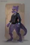 4_toes amber_eyes ambiguous_gender anthro barefoot bottomless clothed clothing featureless_crotch feet hoodie purple_body purple_scales scales solo standing toes topwear maneframe nil kobold scalie hi_res