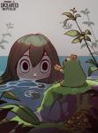 black_eyes black_hair crown duo female feral green_body hair headgear looking_at_another moss outside partially_submerged plant shadow text water wet white_body white_skin neytirix my_hero_academia asui_tsuyu amphibian frog human mammal 2019 artist_name digital_media_(artwork) english_text hi_res video_in_description