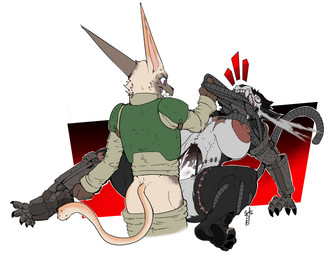 anthro armor big_breasts bodily_fluids breasts cum cum_inside cybernetics dominant dominant_male duo ejaculation fangs female genital_fluids machine male male/female piercing prosthetic purple_eyes red_eyes scar tail teeth wire simpleesteban warhammer_(franchise) canid canine cyborg felid feline mammal hi_res