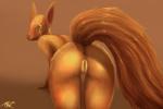 anthro anus big_tail biped blue_eyes blush brown_body brown_fur butt female fur genitals hair heart_symbol highlights_(coloring) nude presenting pussy smile solo tail inkersod mammal 2016 3:2