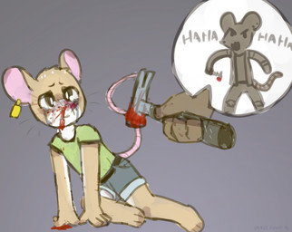 abuse anthro blood blood_on_face blue_bottomwear blue_clothing blue_shorts bodily_fluids bottomwear brown_eyes clothing crying duo ear_piercing ear_tag evil_laugh green_clothing green_shirt green_t-shirt green_topwear grey_background hairless_tail hammer holding_hammer holding_object holding_tool laugh male piercing sadism shirt shorts simple_background t-shirt tears tools topwear violence bravobunny mammal mouse murid murine rodent