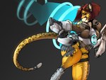 anthro breasts clothing cosplay female gun hair holding_gun holding_object holding_ranged_weapon holding_weapon markings ranged_weapon red_hair simple_background smile solo spots spotted_body tight_clothing weapon yellow_body kiit0s blizzard_entertainment overwatch tracer_(overwatch) cheetah felid feline mammal 2020 4:3