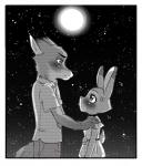 2017 anthro border canid canine clothing comic disney female fox fur hi_res judy_hopps lagomorph leporid male mammal monochrome moon nacchan96 nick_wilde night rabbit red_fox true_fox white_border zootopia