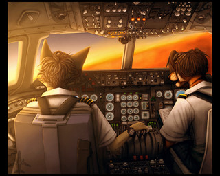 aircraft airplane anthro arm_tuft black_border book border clock clothed clothing cloud cockpit duo elbow_tuft flying fur hair inside_airplane jet light male pilot scientific_instrument seat_belt sunlight sunset tuft uniform vehicle watch fighterjet lux_(character) canid canine felid fox mammal pantherine tiger 5:4