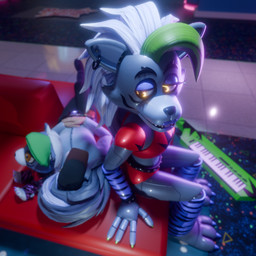 3_toes 4_fingers anthro arm_warmers armwear baseball_cap belt bottomwear carpet claws clothing crop_top duo ear_piercing ear_ring eyelashes facial_markings feet female fingers floor furniture glowing glowing_eyes green_claws green_highlights grey_body hair hat head_markings head_on_tail headgear headwear high-angle_view highlights_(coloring) keyboard_instrument keytar leg_warmers legwear lips lying lying_on_sofa machine male male/female markings musical_instrument on_back on_model on_sofa pattern_arm_warmers pattern_armwear pattern_clothing pattern_leg_warmers pattern_legwear piercing plushie purple_arm_warmers purple_armwear purple_clothing purple_leg_warmers purple_legwear purple_lips red_bottomwear red_clothing red_shorts resting ring_piercing security security_guard shirt shorts shoulder_pads sitting sitting_on_sofa sofa striped_arm_warmers striped_armwear striped_clothing striped_leg_warmers striped_legwear stripes studded_belt studs tail tile tile_floor toes topwear white_hair yellow_eyes anonamine five_nights_at_freddy's five_nights_at_freddy's:_security_breach scottgames steel_wool_studios roxanne_wolf roxanne_wolf_plush_(fnaf) animatronic canid canine canis human mammal robot wolf 1:1 2025 3d_(artwork) digital_media_(artwork) hi_res