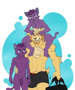 adolescent adult_on_adolescent anthro athletic athletic_anthro athletic_male bag blonde_hair body_hair bottomwear bulge carrying_another casual_nudity chest_hair clothed clothing detailed_bulge erection erection_under_bottomwear erection_under_clothing erection_under_shorts flaccid footwear foreskin fur genital_outline genitals group hair hand_around_waist hotpants male male/male male_anthro muscular muscular_anthro muscular_male nude nude_anthro nude_male on_shoulders penis penis_outline purple_body purple_eyes purple_fur purple_hair shoes shorts sitting tail topless topless_anthro topless_male topwear trio yellow_body yellow_fur young young_anthro young_male hunterramirez canid canine canis domestic_cat felid feline felis mammal wolf hi_res