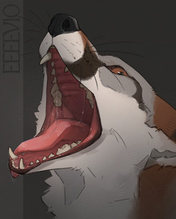 bodily_fluids drooling fangs feral looking_at_another male mouth_shot open_mouth presenting_mouth saliva saliva_string sharp_teeth solo teeth text three-quarter_view throat tongue tongue_out whisker_spots whiskers eeeevio mjok canid canine fox grey_fox mammal urocyon digital_drawing_(artwork) digital_media_(artwork) headshot_portrait hi_res portrait