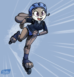 anthro armor bicycle_helmet bottomwear breasts buckteeth clothed clothed_female clothing female footwear fur grey_body grey_fur headgear helmet hoodie inline_skates machine open_mouth purple_eyes roller_skates solo teeth text topwear shieltar disney zootopia judy_hopps robo_judy android animatronic european_rabbit lagomorph leporid mammal oryctolagus rabbit robot robot_anthro 2023 artist_name digital_media_(artwork) hi_res