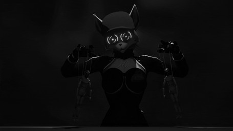 anthro background_smoke black_background bodysuit clothing eyewear female glasses grin grinning_at_viewer hat headgear headwear hidden_eyes puppet puppet_strings puppeteer simple_background skinsuit smile smiling_at_viewer solo tight_clothing wearing_glasses nsfelise warfaremachine_(modeler) blender_cycles nintendo star_fox krystal_(star_fox) warfare_krystal canid canine fox mammal 16:9 3d_(artwork) animated blender_(artwork) digital_media_(artwork) greyscale monochrome widescreen