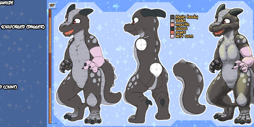 anthro black_claws black_horn claws grey_body grey_scales horn lack_scales male multicolored_body pink_eyes scales solo text kitsune_youkai last_love mythology unghio_humilde dragon kobold mythological_creature mythological_scalie scalie english_text hi_res model_sheet