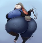 anthro bent_leg big_butt butt clothed clothing cuff_(restraint) ears_down female fully_clothed fure handcuffs holding_handcuffs holding_object huge_butt looking_aside looking_back metal_cuffs morbidly_obese obese obese_anthro obese_female on_one_leg overweight overweight_anthro overweight_female pivoted_ears police police_uniform raised_leg rear_view restraints smile smirk solo spinning_handcuffs standing thick_thighs uniform wide_hips shenzel disney zootopia judy_hopps lagomorph leporid mammal rabbit 2021 hi_res