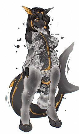 animal_genitalia animal_penis anthro bedroom_eyes big_breasts big_penis black_body black_breasts black_penis blue_eyes bodysuit breasts bulge clothed clothing cock_sock digitigrade egyptian equine_genitalia equine_penis footwear front_view genitals glistening glistening_body glistening_clothing gynomorph hair hand_on_leg hand_on_thigh heart_symbol huge_penis intersex long_hair markings medial_ring muscular muscular_anthro muscular_gynomorph muscular_intersex narrowed_eyes navel nipple_outline partially_clothed penis penis_clothing seductive shark_tail simple_background skinsuit socks solo standing thick_thighs tight_clothing translucent translucent_clothing white_background alivion tefnut_(shark) aquatic fish shark absurd_res full-length_portrait hi_res portrait