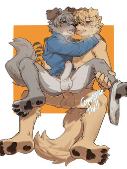 anal anal_penetration anthro balls black_nose blush blush_lines bottomless bottomless_anthro bottomless_male clothed clothing clothing_around_one_leg cute_fangs duo erection fangs feet fluffy fluffy_tail folded_ears foreskin fur genitals grey_body grey_fur holding_another kemono kissing male male/male male_penetrated male_penetrating male_penetrating_male multicolored_body multicolored_fur nude nude_anthro nude_male partially_clothed pawpads paws penetration penile penile_penetration penis penis_in_ass sex sitting_on_another tail tan_body tan_fur teeth tongue tongue_out two_tone_body two_tone_fur underwear underwear_around_one_leg underwear_down white_body white_fur mintza_bo canid canine canis domestic_dog mammal 3:4 absurd_res hi_res