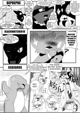 6_panel_comic ambiguous_gender answer anthro biped black_body black_text breasts butt covering covering_eyes covering_face dialogue dizzy_eyes ellipsis exclamation_point female feral fur group looking_at_another motion_lines obscured_eyes one_eye_closed open_mouth open_smile paws pupils quadruped question question_mark questions_and_answers raised_arms sharp_teeth smile snow sound_effects speech_bubble talking_to_another teeth text text_box tongue white_sclera heavenlyproductions nintendo pokemon charmander eeveelution felid feline generation_1_pokemon generation_4_pokemon generation_7_pokemon generation_8_pokemon generation_9_pokemon glaceon lucario mammal meowscarada mimikyu pokemon_(species) riolu scorbunny shinx 2024 absurd_res comic english_text hi_res monochrome