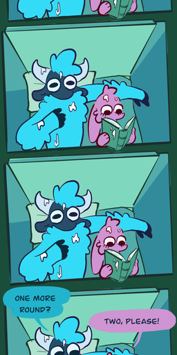 after_sex anthro bed bodily_fluids cum cum_on_arm cum_on_body cum_on_book cum_on_chest dialogue duo female furniture genital_fluids imminent_sex lying lying_on_bed male male/female on_back on_bed text vanilla_candy unicorn_blood_(comic) saffron_(unicorn_blood) tulip_(unicorn_blood) bovid caprine lagomorph mammal sheep absurd_res comic english_text hi_res restricted_palette