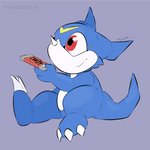 ambiguous_gender blue_body candy chocolate claws dessert feral food head_markings markings purple_background red_eyes simple_background sitting smile solo toe_claws yellow_markings rimedown bandai_namco digimon digimon_(species) reptile scalie veemon 1:1 2020