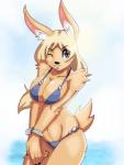 anthro big_breasts bikini bracelet breasts clothed clothing female huge_breasts inner_ear_fluff jewelry one_eye_closed solo swimwear tuft two-piece_swimsuit wink angsthewicked lagomorph leporid mammal rabbit