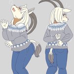 anthro bottomwear clothed clothing female grey_background horn kemono pants scratching_back simple_background solo sweater tail topwear ekaki510 antelope arabian_oryx bovid grazing_antelope mammal oryx 1:1