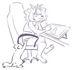 anthro chair drawing_tablet duo female feral furniture grumpy hair humor office_chair on_hind_legs sitting table pur-fox pur-fox_(character) canid canine domestic_cat felid feline felis mammal 2_frame_animation animated hi_res short_playtime