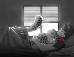 2009 anthro arlon3 bed bedroom canid canine canis collar cuddling detailed_background domestic_dog duo eyes_closed felid fur furniture grey_body grey_fur greyscale husky inside leopard leopard_spots male mammal monochrome nordic_sled_dog on_bed pantherine romantic romantic_couple sheppy87 side_view snow_leopard spitz spot_color spots tail under_covers window