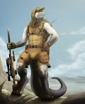 anthro armpit_hair athletic athletic_anthro athletic_male awp body_hair clothed clothing desert detailed_background fur gun hat headgear headwear holding_object kerchief male military outside ranged_weapon rifle shemagh sky smile sniper sniper_rifle solo uniform weapon corrsk iguana iguanid lizard reptile scalie digital_media_(artwork) hi_res