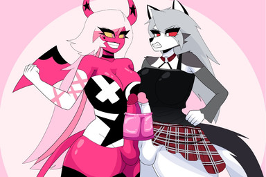 2_horns anthro black_body black_fur breasts clothing duo eye_contact fingers fur genitals grey_hair gynomorph gynomorph/gynomorph hair horn humanoid_genitalia humanoid_penis intersex intersex/intersex looking_at_another penis pink_body pink_eyes pink_skin pupils red_sclera sex_toy slit_pupils tail teeth white_body white_eyes white_fur wings yellow_sclera carliabot hellaverse helluva_boss mythology loona_(helluva_boss) verosika_mayday canid canid_demon canine demon hellhound mammal mythological_canine mythological_creature succubus 2026 3:2