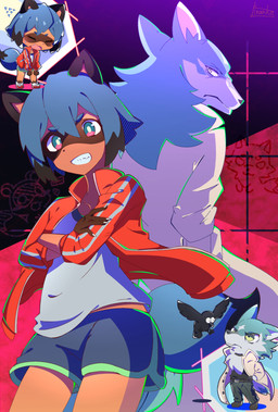 anthro black_body black_fur black_hair blue_body blue_eyes blue_fur blue_hair brown_body brown_fur chibi clothed clothing collar female fluffy fluffy_tail fur group hair jacket looking_at_viewer male multicolored_body multicolored_fur multicolored_hair smile tail topwear nojika_r brand_new_animal studio_trigger michiru_kagemori shirou_ogami canid canine canis mammal raccoon_dog tanuki wolf 2020 hi_res