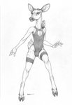 anthro bulge clothing cloven_hooves duo eyelashes femboy hooves leotard looking_at_another looking_up male simple_background smile solo_focus standing tight_clothing white_background ecmajor avian bird deer mammal hi_res monochrome signature sketch traditional_media_(artwork)